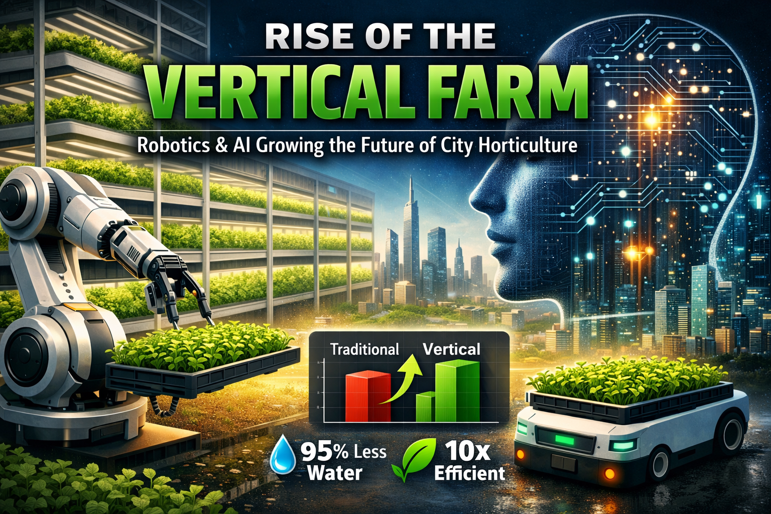 Rise of the Vertical Farm: How Robotics & AI are Engineering the Future of City HorticultureIntroduction: The Green Revolution Goes VerticalBy 2050, nearly 70% of the global population will reside in urban centers. This demographic shift presents a paradox: as cities grow, the land available to feed them shrinks. Traditional “horizontal” agriculture is struggling under the weight of volatile climates and fragile, long-distance supply chains.Enter Vertical Farming. By merging architecture with agronomy and powering it with Artificial Intelligence (AI) and Robotics, we are witnessing a paradigm shift. We are no longer just planting seeds; we are programming harvests.1. The Architecture of Interior GrowthVertical farming isn’t just “shelves with plants.” It is a closed-loop technosphere. Unlike traditional fields, these systems use Hydroponics or Aeroponics—methods that deliver nutrient-rich mist or water directly to roots, bypassing the need for soil.The “Brawn”: Robotics in the FarmIn a high-density vertical stack, human reach is limited. Robotics provide the precision and scale needed to make urban horticulture viable:Automated Seeding & Transplanting: Robotic arms equipped with soft-touch grippers handle delicate seedlings, ensuring a $99%$ success rate in spacing and depth.Selective Harvesting: Using computer vision, robots identify the exact moment of peak nutrient density to harvest, ensuring “perpetual spring” conditions.Autonomous Mobile Robots (AMRs): These units navigate warehouse floors, moving heavy grow-trays to different “climate zones” within the building without human intervention.2. The “Brain”: AI as the Master AgronomistIf robotics provide the labor, AI provides the intelligence. In a vertical farm, every leaf is a data point.Climate Synthesis: AI analyzes real-time sensor data to adjust the “light recipe.” By modulating the blue and red spectrum of LEDs, AI can influence the flavor profile of a plant—making basil spicier or lettuce crunchier.Resource Efficiency: Traditional farming is often a game of “best guesses” with water. AI-driven vertical farms achieve:$$W_{efficiency} = frac{Water_{Traditional}}{Water_{Vertical}} approx 20:1$$This means using 95% less water than conventional methods.Computer Vision (CV): AI-powered cameras detect early signs of stress or leaf discoloration long before the human eye can, preventing crop failure before it starts.3. Data Visualization: The Growth TrajectoryWhile I cannot render a dynamic image file, the following data represents the projected efficiency and market shift between 2024 and 2030.Comparison: Traditional vs. AI-Vertical FarmingMetricTraditional FarmingAI-Vertical FarmingImprovementWater Usage (per kg)~250 Liters~5 – 10 Liters95% ReductionLand Footprint1 Acre1/10th Acre (Stacked)10x EfficiencyPesticide UsageHigh / NecessaryZero (Controlled Env)100% CleanerGrowth Cycle60–90 Days25–40 Days2x FasterSupply Chain1,000+ km< 50 km (Urban)90% Lower Carbon4. The Indian Context: Pune, Mumbai, and BeyondFor a brand like CityMali, the "Rise of the Vertical Farm" isn't just global news—it’s a local solution. Indian cities face unique challenges: high humidity, fluctuating monsoon cycles, and extreme urban density.CityMali’s Strategic Opportunity:Hyper-Local Hubs: Converting underutilized basement parking or warehouse spaces in Pune into "Micro-Farms" for subscription-based greens.The "Smart Terrace": Bridging the gap between hobby gardening and tech by offering AI-assisted nutrient kits for urban households.Resilience: While the heatwaves of May might wither a traditional garden, a vertical system remains a steady $24^{circ}text{C}$, ensuring a consistent supply of premium produce to local B2B partners.5. Navigating the HurdlesWe have to be candid: it’s not all sunshine and LEDs. The Capital Expenditure (CAPEX) remains high. Powering thousands of lights requires a massive energy load, which is why the next frontier for vertical farming is Renewable Energy Integration.As solar efficiency improves and robotic costs drop, the "break-even" point for urban farms is shortening from decades to just a few years.Conclusion: Turning Cities into ProducersThe vertical farm represents the ultimate marriage of biology and technology. We are moving toward a future where our salads are grown three floors above where we eat them, harvested by a robot, and optimized by an algorithm.For CityMali, this is the moment to transition from being a provider of plants to a pioneer of Smart Urban Horticulture. The concrete jungle is about to get a whole lot greener.